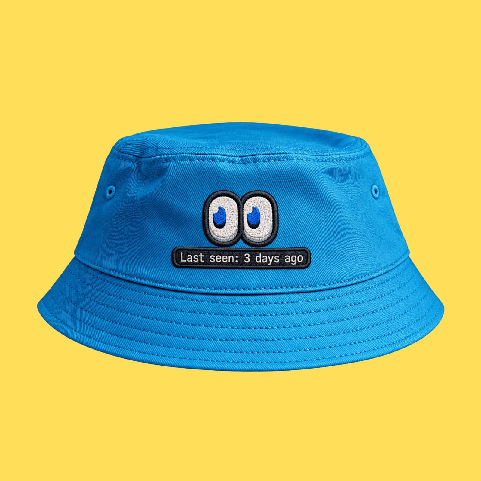 Blue bucket hat with a patch of two watching eyes above the line Last seen: 3 days ago