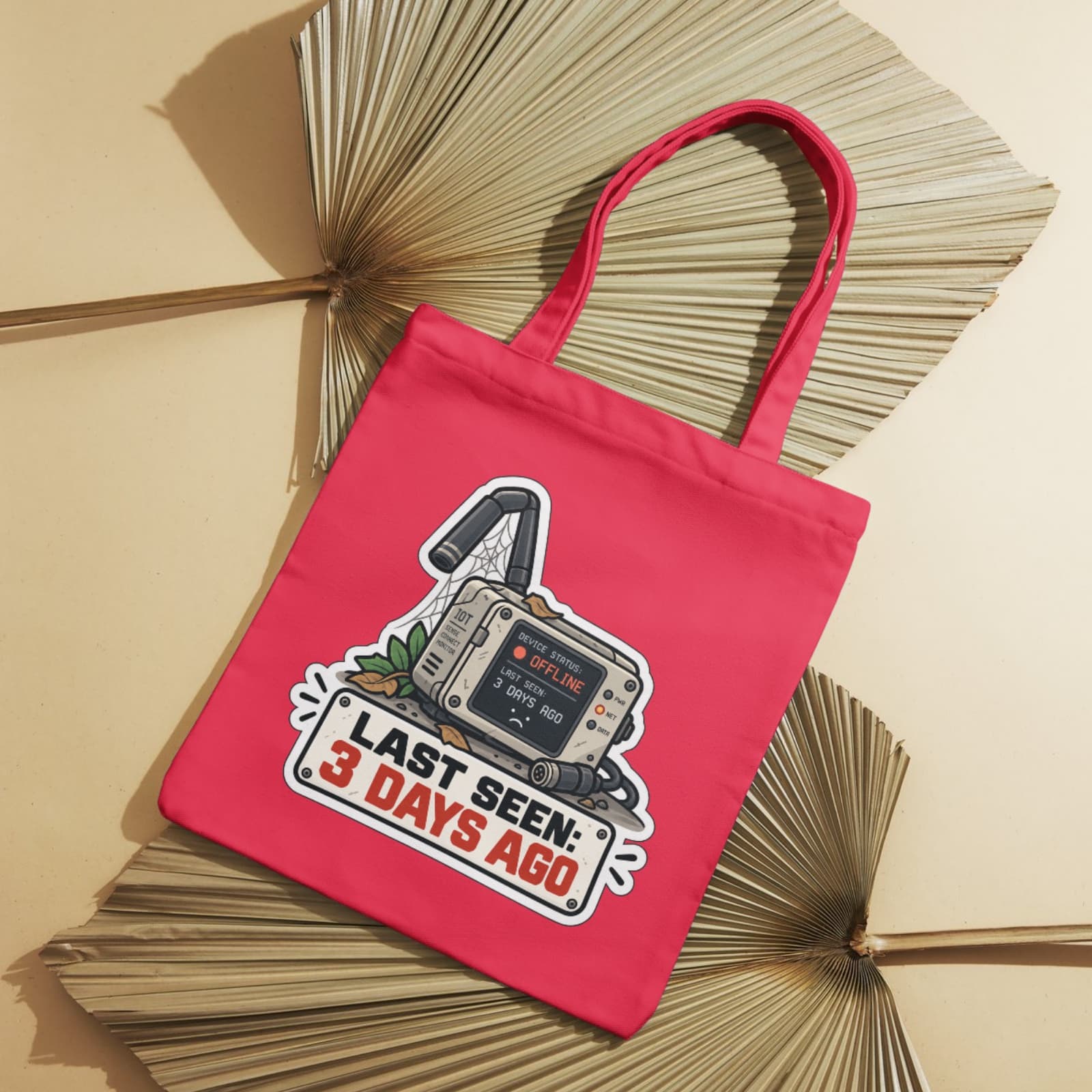 Red canvas tote printed with a battered field logger and a banner reading Last seen: 3 days ago