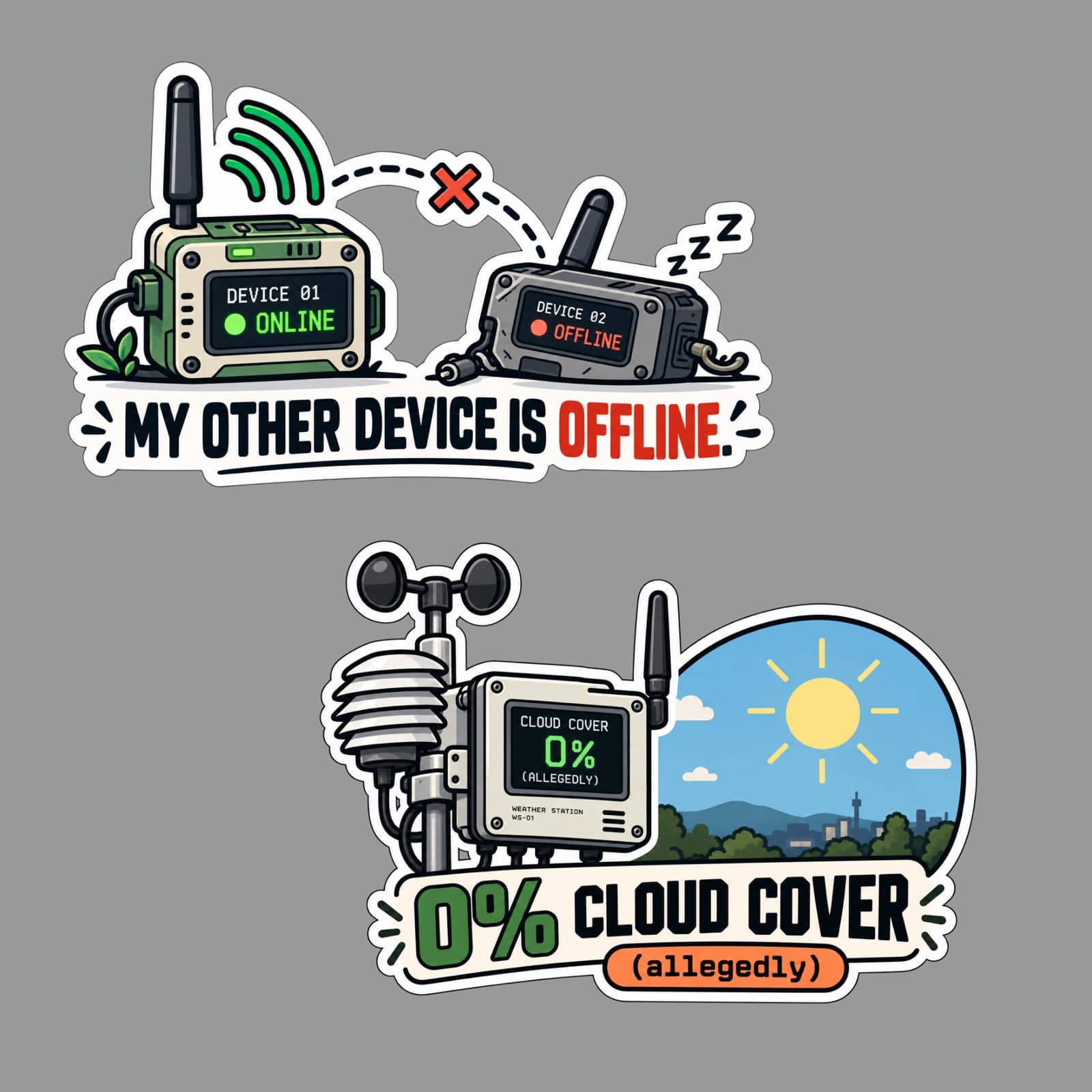 Sticker of one device online and one asleep, above the words My other device is offline