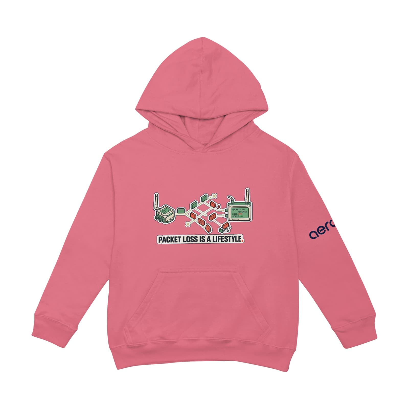 Pink hoodie printed with two devices and a trail of dropped packets above the words Packet loss is a lifestyle