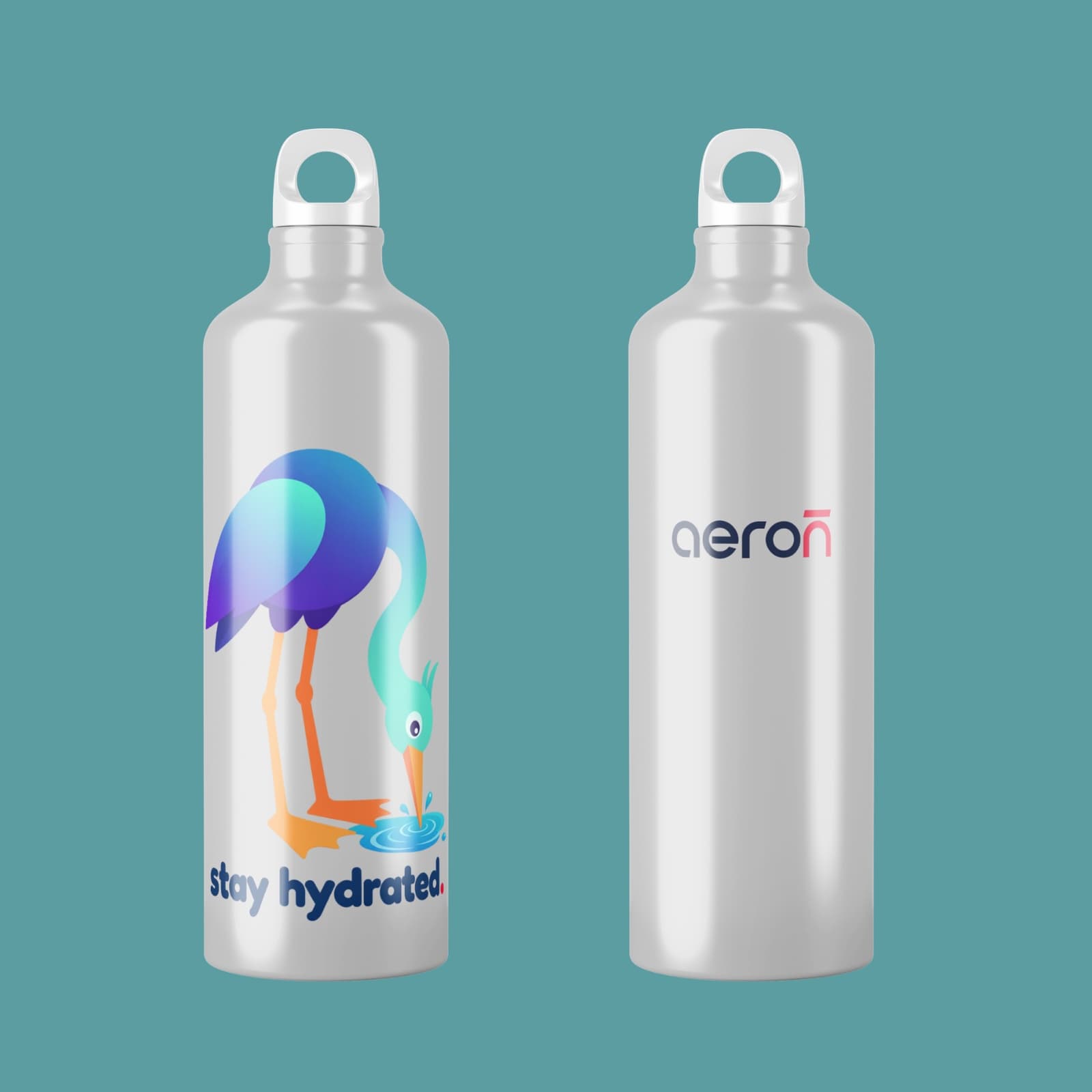 Two white aluminium bottles, one showing the heron drinking with the words stay hydrated, the other the Aeron wordmark