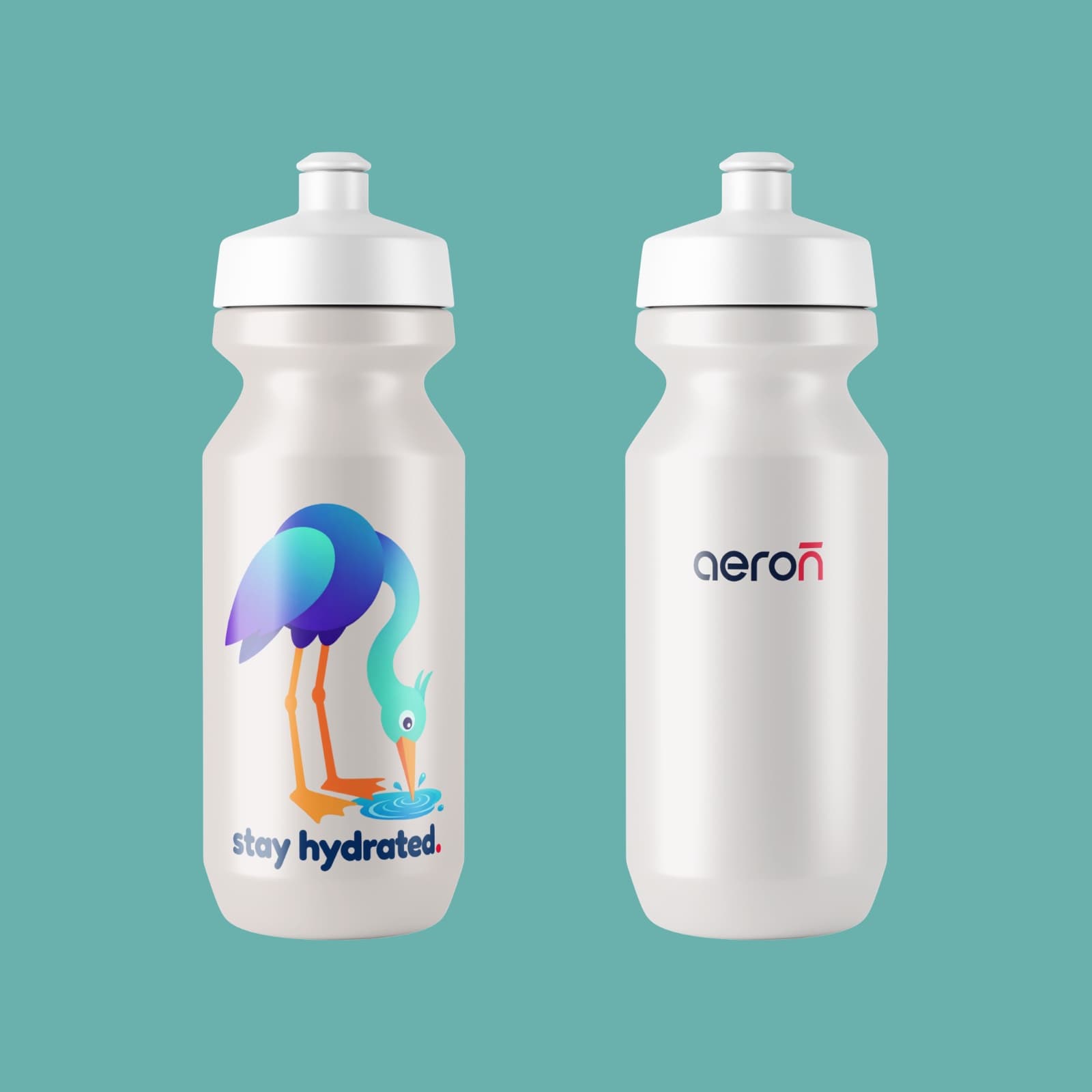 Two white sport bottles, one showing the heron drinking with the words stay hydrated, the other the Aeron wordmark