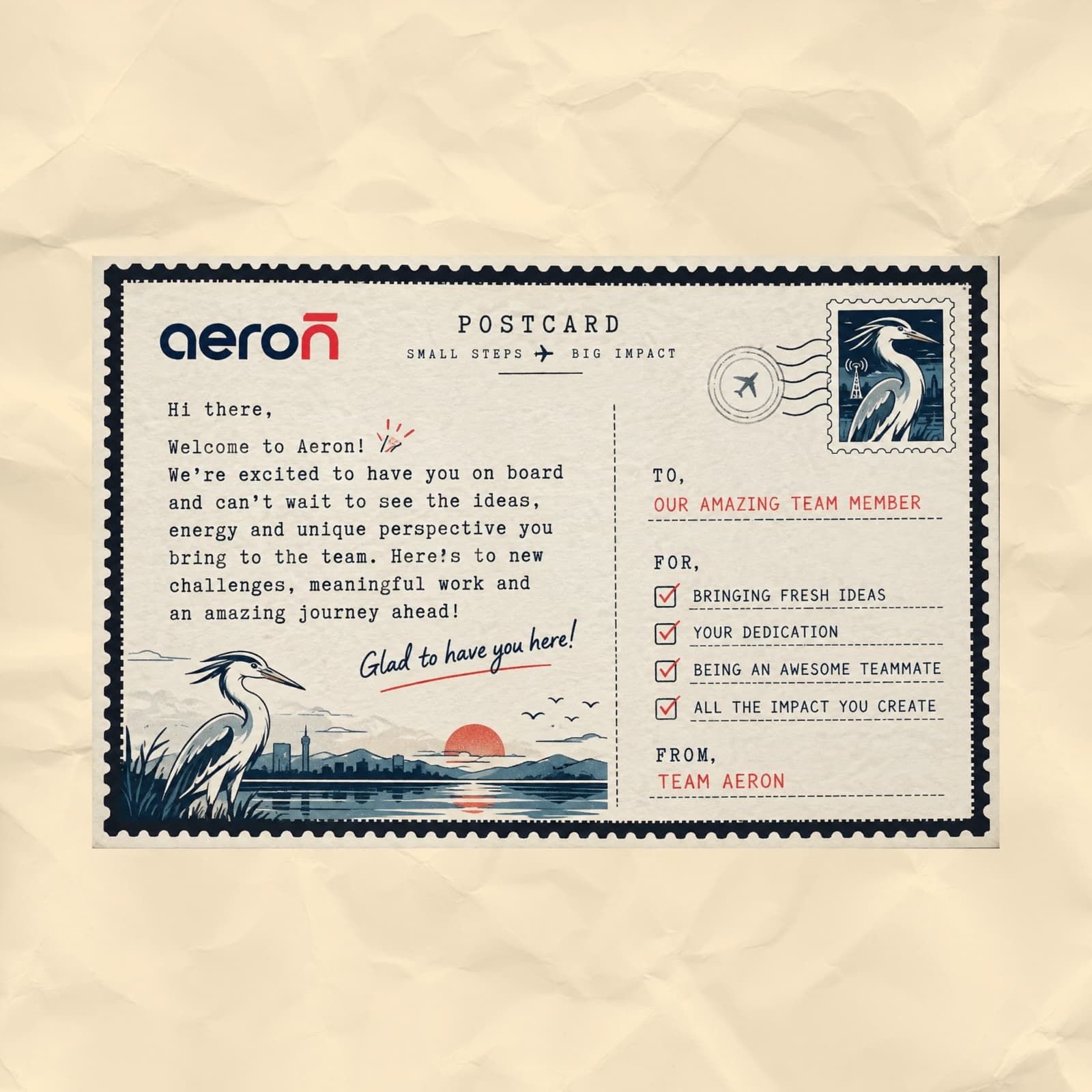 Postcard with the Aeron wordmark, a heron stamp and a handwritten style welcome note to a new team member, above a heron standing by the water at sunset