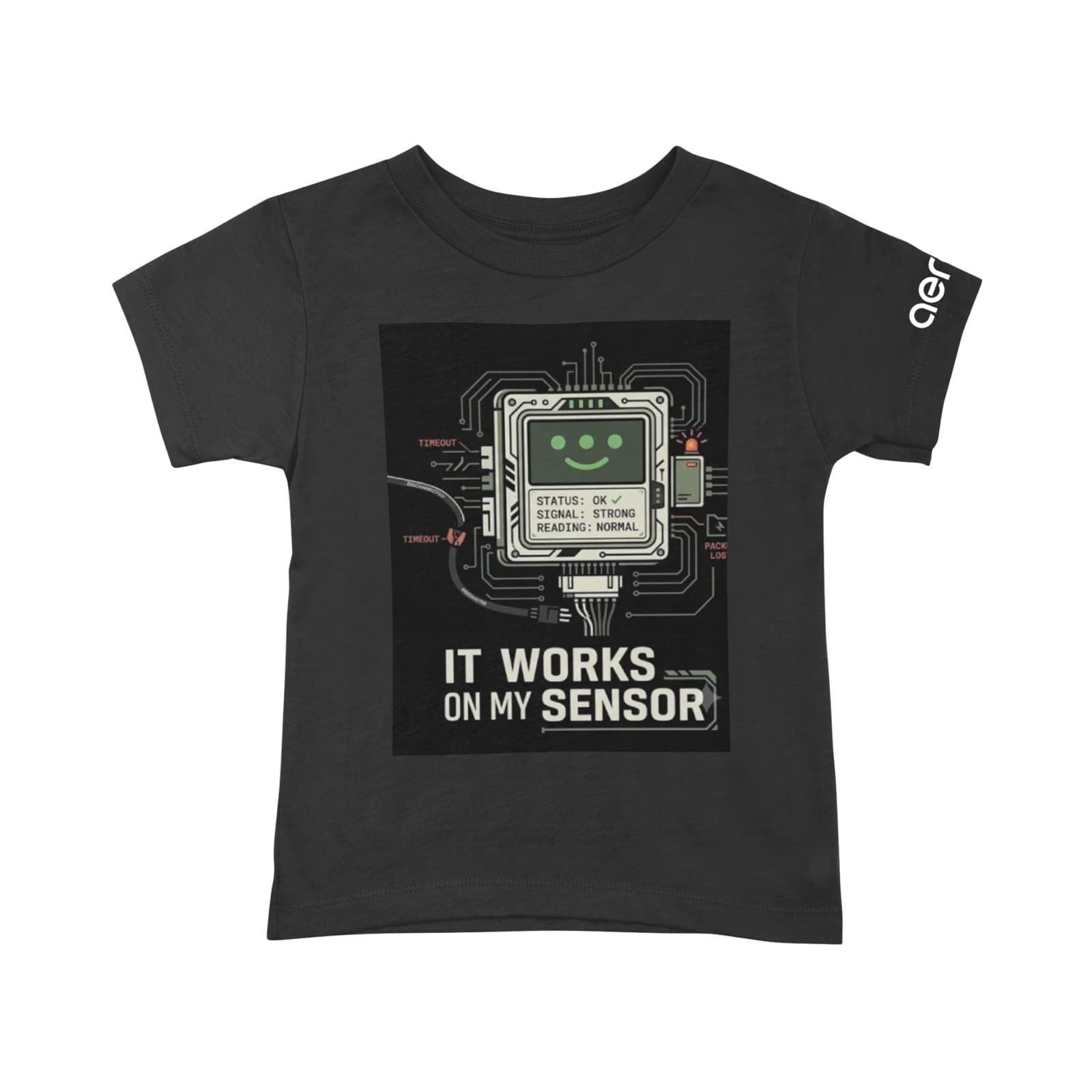 Black tee printed with a smiling sensor module on a circuit board and the words It works on my sensor